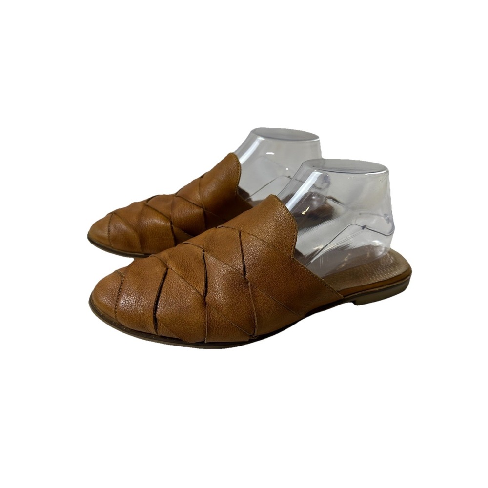 SEYCHELLES Women's Cognac Leather Almond-Toe Slip-On Flat Mule Shoes SZ 9